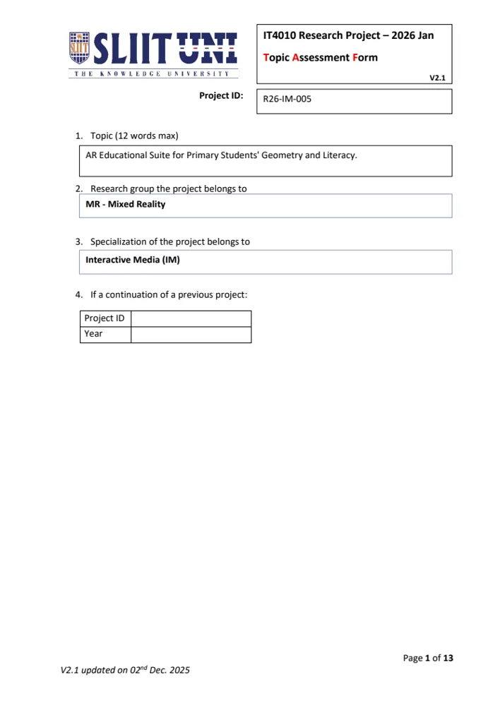 First page of Topic Assessment Form
